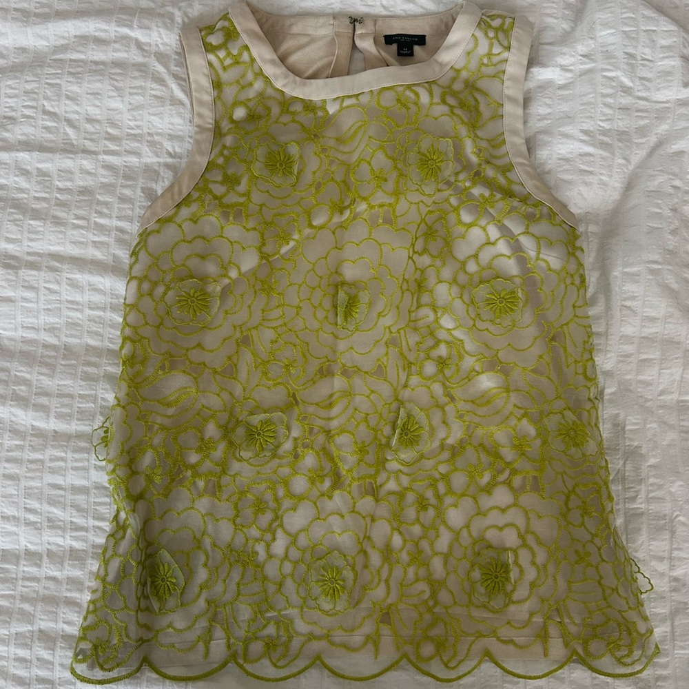 Ann Taylor Cream and Lime Green Lace Tank Top